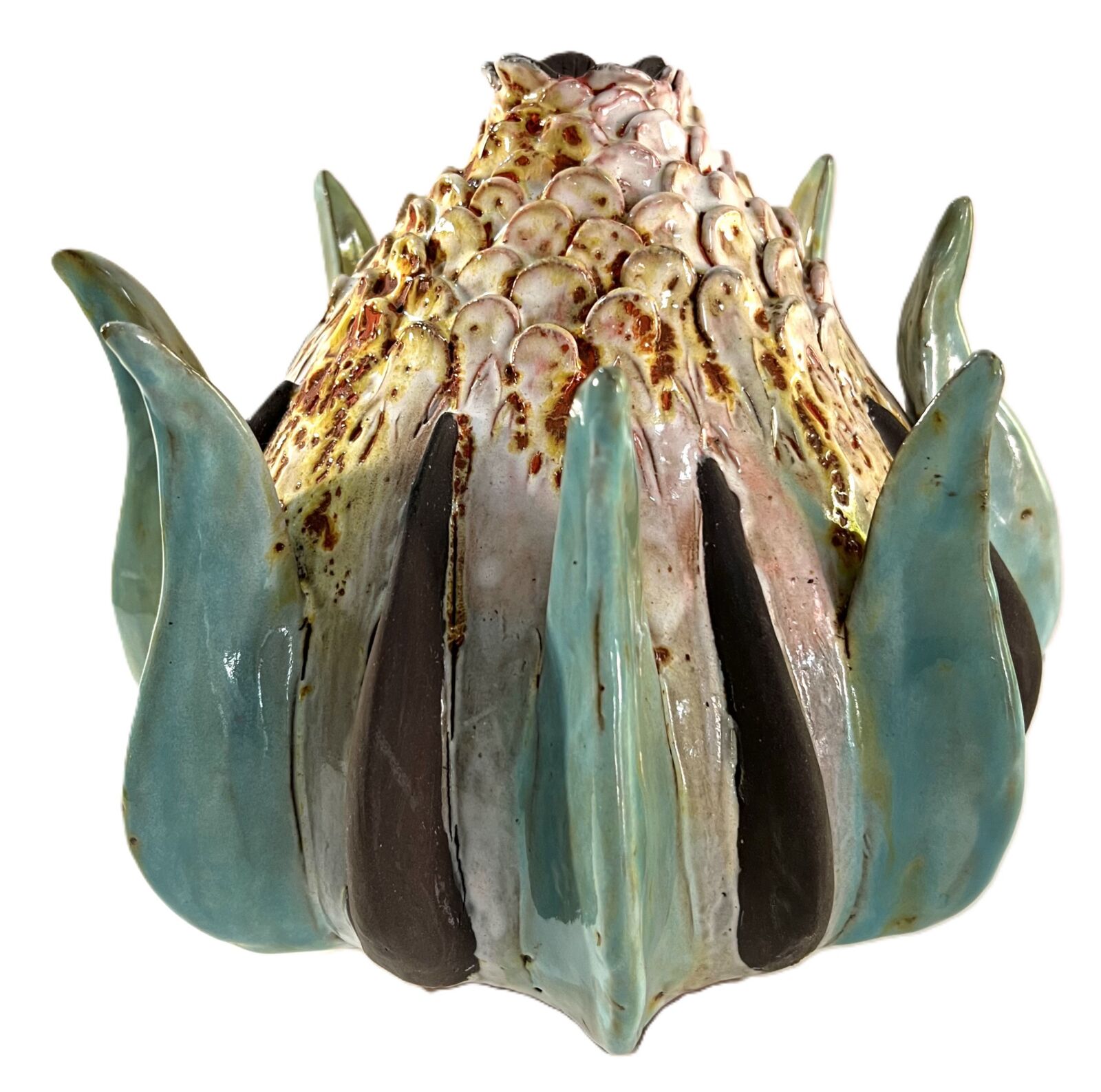 Ceramic - Sculptural Form with Leaves and Flower Head Ceramic - Sculptural Form with Leaves and Flower Head