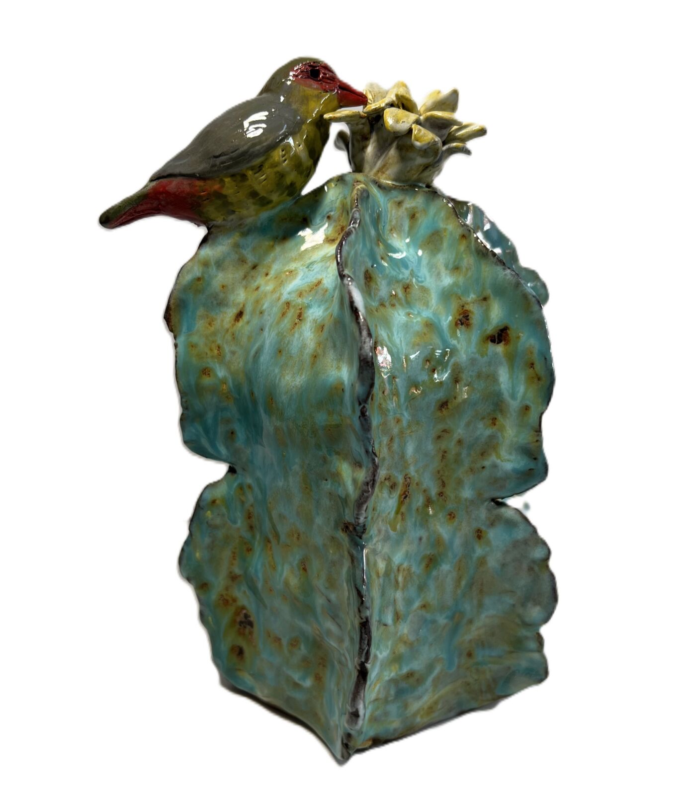 Ceramic - Two Tiered Cactus with Yellow Flower & Bird